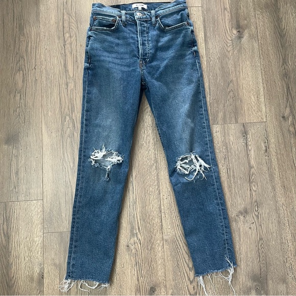Re/Done Denim - RE/DONE 90s High Rise Ankle Crop Distressed Medium Wash Button Fly Sz 27